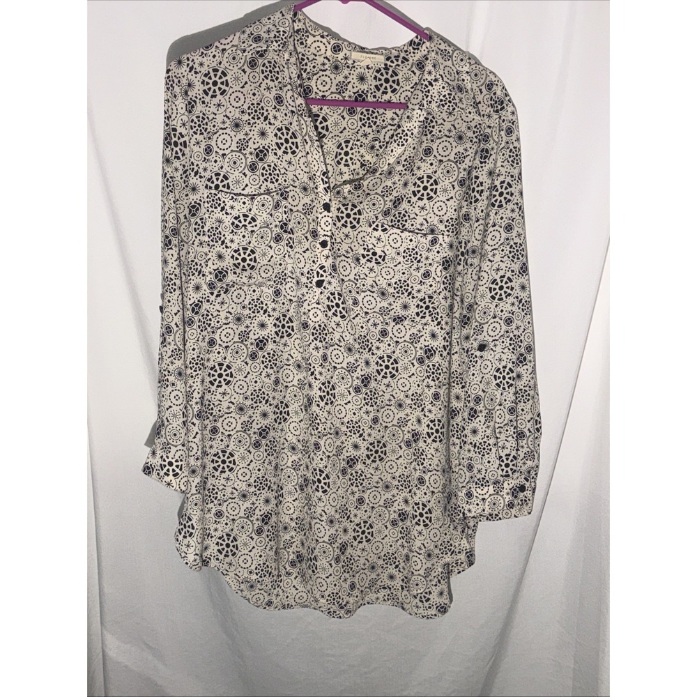 PLEIONE Women's Sheer Geometric Pleated Collared Long Sleeve Blouse Top L